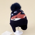 Close-up of navy knit hat showing soft pom-pom detail and shark jacquard pattern - 3-8 Years / Navy Blue