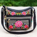 Ethnic style black canvas crossbody bag with pink floral peony embroidery and gold charms - Red Peony