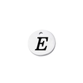 Macro shot of mirror-polished stainless steel round pendant featuring a black letter E - Letter E