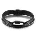 Men's double-layer black leather bracelet with silver metal studs and matte black clasp - 19cm Black