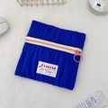 Close-up of contrast zipper detail and SOZAKKA brand label on blue pleated makeup bag - Double Layer Polyester Blue