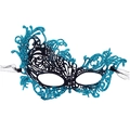 Elegant gold-stamped black and blue lace masquerade mask with glitter and silk ribbons - Glitter Blue Phoenix (5706668349875)