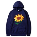 Dark blue hoodie featuring a vibrant sunflower print on chest in flat lay view - Navy Blue