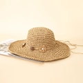 Summer woven paper straw sun hat with flower decor and drawstring for beach wear - M (56-58cm) / Khaki