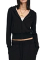 Detail of a slim fit black zip-up hoodie featuring thumbhole sleeves and soft cotton fabric - S / Tops / Black