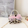 Borsa per bambini in finta pelliccia leopardata con manico di perle e fiocco rosa - Fiocco Cachi / Khaki Leopardato