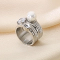 Silver geometric stainless steel ring featuring a white pearl and cubic zirconia stones - Silver Pearl Rhinestone Style (KR53383-K)