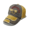 Detailed view of the vintage distressed baseball cap with New York 3D embroidery and frayed edges - M (56-60cm) / Yellow/Grey Patchwork