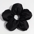 Detailed macro view of the black satin flower hair tie with a smooth silky texture and petals - Black (Approx. 18cm)