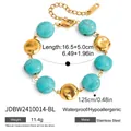 Detail view of turquoise beaded bracelet with stainless steel beads and size specifications - Turquoise Beaded Bracelet