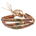 Set of three vintage brown braided leather bracelets with bronze skull metal plates - 16-Skull Plate 3-piece Set
