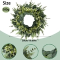 Detail of artificial eucalyptus wreath showing white flowers and 50cm diameter size specs - 50CM Eucalyptus Wreath
