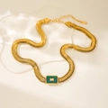 Elegant 18k gold plated snake chain bracelet with green malachite square pendant - Green Necklace