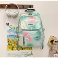 Detail of sweet floral backpack showing printed moon patterns and multi-pocket front design - 28*15*43cm / Green