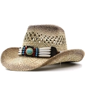 Cappello da cowboy in paglia da uomo con perline boho e decorazione in turchese - Regolabile (56-58cm) / Beige Caffè