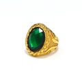 Detail of emerald green oval gemstone on gold braided texture cast stainless steel ring - Gold Rhombus Green Gemstone / Size 11