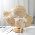 Handmade raffia sun hat with fringe brim and white lace bow tie for beach vacation - Beige