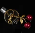 Sparkly red cherry keychain with gold metal leaves and lobster clasp accessory - Red Cherry with Small Double Leaves (Bronze Gold)
