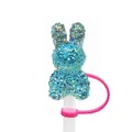 Sparkling blue rhinestone rabbit straw topper with pink silicone ring for 10mm straws - Blue Iridescent Rhinestone Rabbit