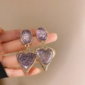 Detail shot of vintage purple heart-shaped pearl earrings with elegant gold-tone textured frames - Purple Heart Vintage Resin Drop (26# Silver Needle)