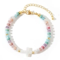 Colorful macaron stone beaded bracelet with white cross pendant and gold clasp - Multicolor Beaded Style B