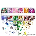 Close-up of 12-grid Christmas glitter set with snowflakes and stars for nail art decor - 12 Grids / Red Green Gold Silver Holographic (12G-989)