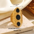 Vintage 18K gold plated stainless steel ring with triple black oval stones and textures - Vintage Embossed Three Gems Style (943-10)