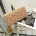 Elegant beige embroidered women's long wallet with heart pattern and plush keychain - Khaki