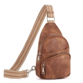 Brown faux leather sling bag with woven strap and dual zipper compartments - Dark Brown