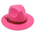 Detail shot of bright pink fedora hat with a brown leather buckle strap decoration - M (56-58cm) / Rose Red (Yellow Rope)