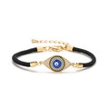Adjustable evil eye charm bracelet with gold plating, blue enamel and black woven rope - Black Round Style (CB0222CX)