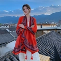 Red ethnic print cotton linen shawl with tassels for women, perfect for beach holidays - 180*90CM / 39235-Pure Red Ethnic