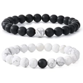 Detail of 8mm matte black obsidian and white marble stone distance bracelets for couples - Two-Piece Set / White Turquoise & Matte Black