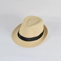 Classic beige straw Panama fedora hat with black ribbon band for summer sun protection - Beige