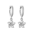 Detail of silver drop earrings with floral zircon pendants and sparkling crystal hoops - White Gold Clover