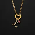 Elegant 14K gold plated stainless steel heart clasp necklace with L pendant and pink stone - Letter K