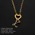 Elegant 14K gold plated stainless steel heart clasp necklace with L pendant and pink stone - Letter K