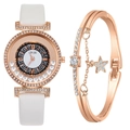 Rose gold women's watch with white leather strap and matching star charm bracelet set - White Watch + Bracelet
