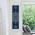 Navy blue bohemian wall tapestry with geometric feather patterns and fringed tassels - Bohemian 1