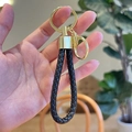 Braided black leather keychain with gold metal ring and clasp for bags and cars - Black