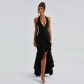Elegant slim fit halter V-neck dress with ruffled hem and sexy side slit detail - S / Black