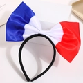 Detail of French flag large satin bow headband featuring iconic blue white red colors - France Flag
