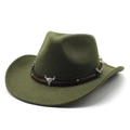 Classic dark green wool felt western cowboy hat with silver bull head skull metal badge - M (56-58cm) / Army Green