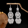 Ethnic bohemian silver hollow sun disk earrings with multi-layer tassel pendants - Hollow Sun Disc Inverted Triangle Tassel Style (E2871-1)