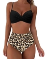 Two-piece bikini set featuring black twist-front top and high-waist leopard print bottom - Black + Leopard
