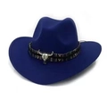 Dark blue felt cowboy hat with ethnic geometric band and metal bull head accessory - One Size 58cm / Bull Head Decor / Blue