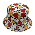 Detailed view of white cotton bucket hat featuring colorful orange and lemon fruit patterns - White Apple