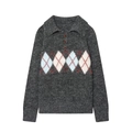 Maglione in maglia grigio scuro a maniche lunghe con motivo Argyle e colletto polo a 3 bottoni - S / Grigio