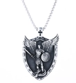 Silver Saint Michael archangel shield pendant necklace with vintage finish on white background - Archangel Michael Dragon Slayer Shield Style (A0606) / Pendant Only (No Chain) / Steel