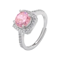 Detail of square halo ring featuring pink round center stone and pave silver band - Silver Pink Zirconia